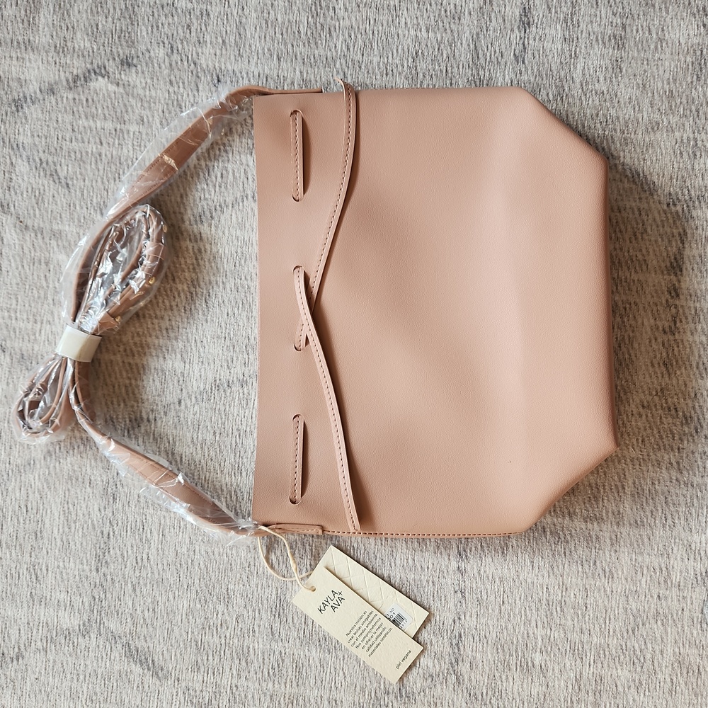 Kayla + Ava vegan leather crossbody bucket bag, NWT, rose color